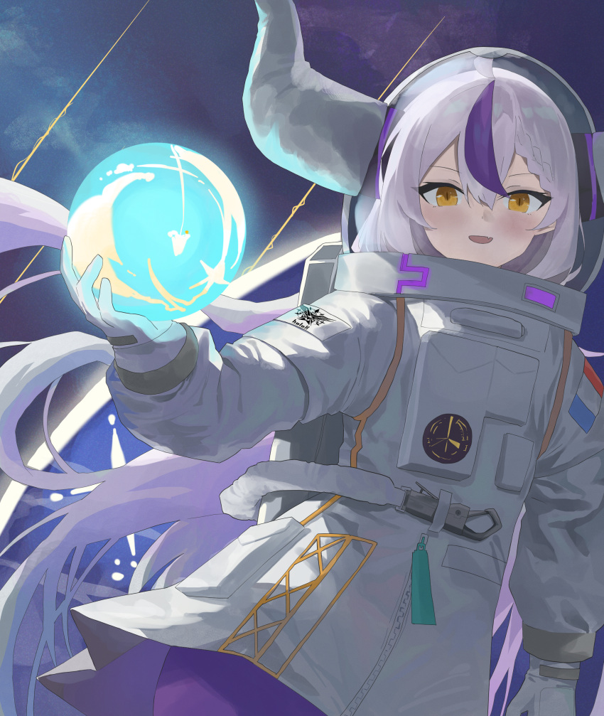 1girl absurdres ahoge alternate_costume commentary demon_girl demon_horns evening_rabbit fang floating_hair gloves grey_hair hair_between_eyes highres holding hololive horns la+_darknesss long_hair long_sleeves looking_at_viewer multicolored_hair open_mouth purple_hair sidelocks skin_fang solo spacesuit streaked_hair striped_horns very_long_hair virtual_youtuber white_gloves yellow_eyes
