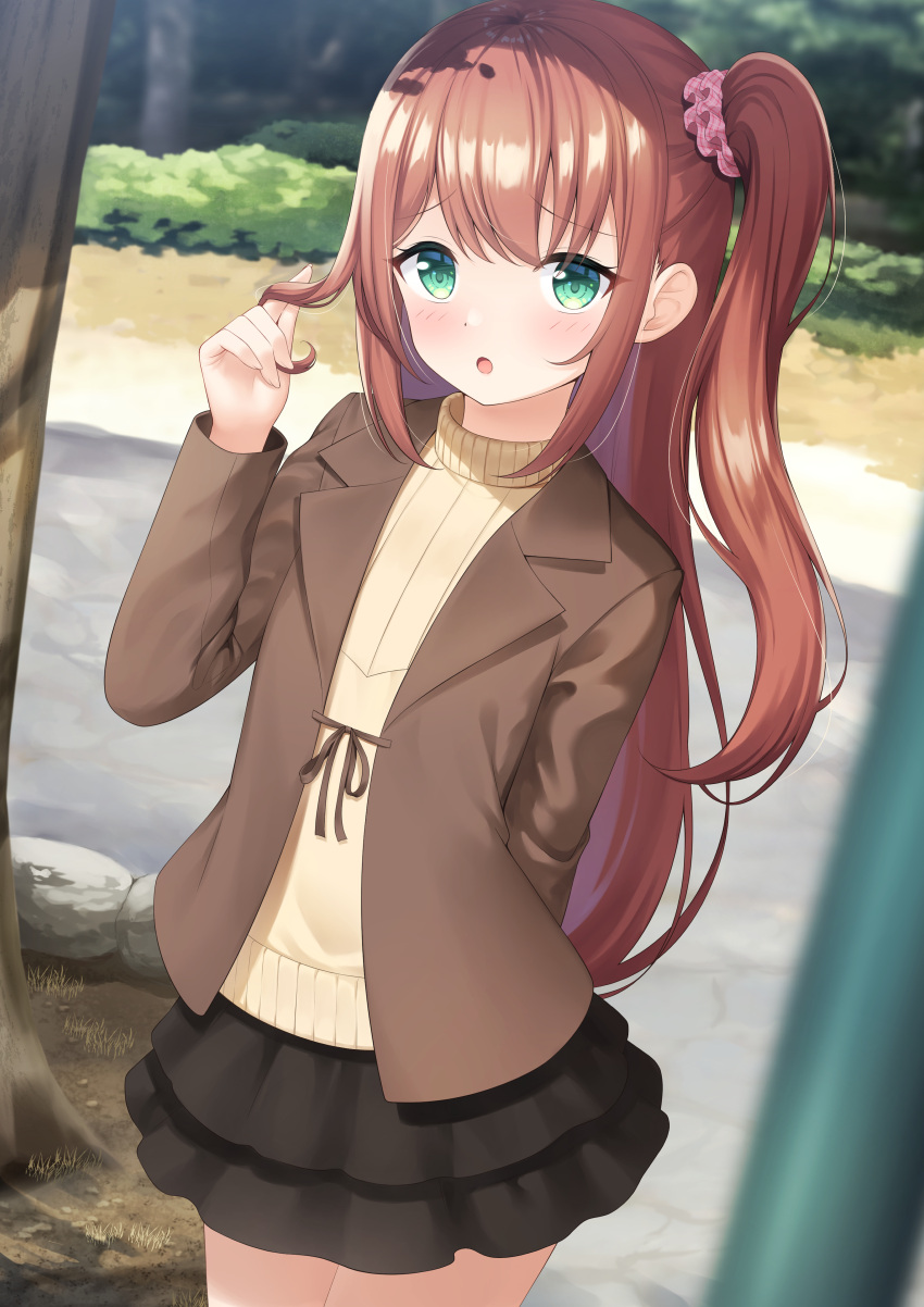 1girl 7fuji_06 absurdres blurry blurry_foreground blush brown_hair cowboy_shot day green_eyes hair_twirling highres jacket long_hair long_sleeves looking_at_viewer one_side_up open_mouth original outdoors ribbon scrunchie side_ponytail skirt solo sweater tree very_long_hair