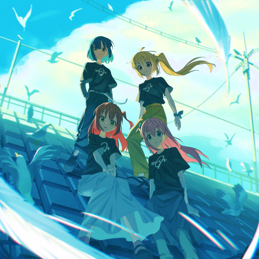 4girls ahoge belt bird black_shirt blonde_hair blue_hair bocchi_the_rock! clothes_writing commentary day expressionless gotou_hitori hair_between_eyes hand_in_pocket hands_on_own_knee highres ijichi_nijika jdge kita_ikuyo long_hair long_skirt looking_at_viewer mole mole_under_eye multiple_girls one_side_up outdoors pants pink_hair power_lines redhead shirt short_hair short_sleeves side_ponytail skirt smile standing white_skirt wind yamada_ryou yellow_pants