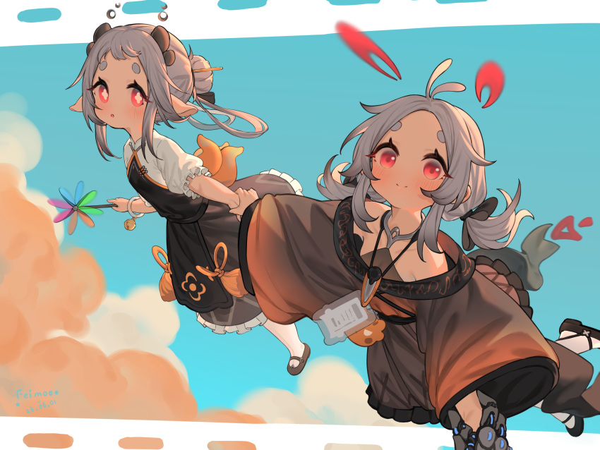 2girls :o antenna_hair artist_name bell black_dress black_footwear blue_sky blush bracelet commentary_request cross-shaped_pupils dated day dress flat_chest flying grey_hair hair_bun highres holding_another's_wrist horns jewelry koebushi_(mat) lanyard looking_at_viewer low_twintails monster_girl multiple_girls original pantyhose pinwheel pointy_ears red_eyes short_eyebrows sky smile symbol-shaped_pupils tentacles twintails white_pantyhose