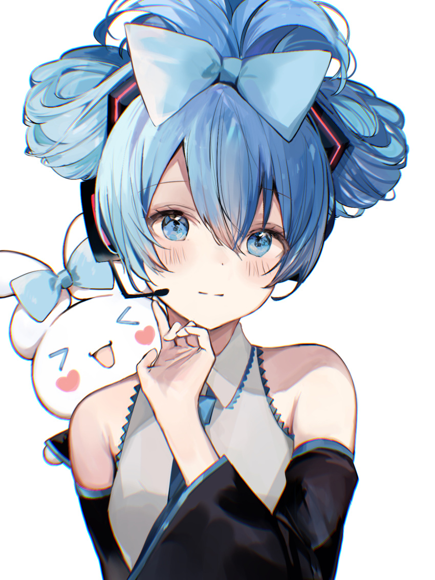 &gt;_&lt; 1girl :d bare_shoulders black_sleeves blue_bow blue_eyes blue_hair blue_necktie blush bow cinnamiku cinnamoroll closed_mouth collared_shirt detached_sleeves ear_bow hair_between_eyes hair_bow hand_up hatsune_miku headset highres long_hair looking_at_viewer necktie sanrio shirt simple_background sleeveless sleeveless_shirt smile sonna_banana split_mouth tied_ears updo upper_body vocaloid white_background white_shirt xd