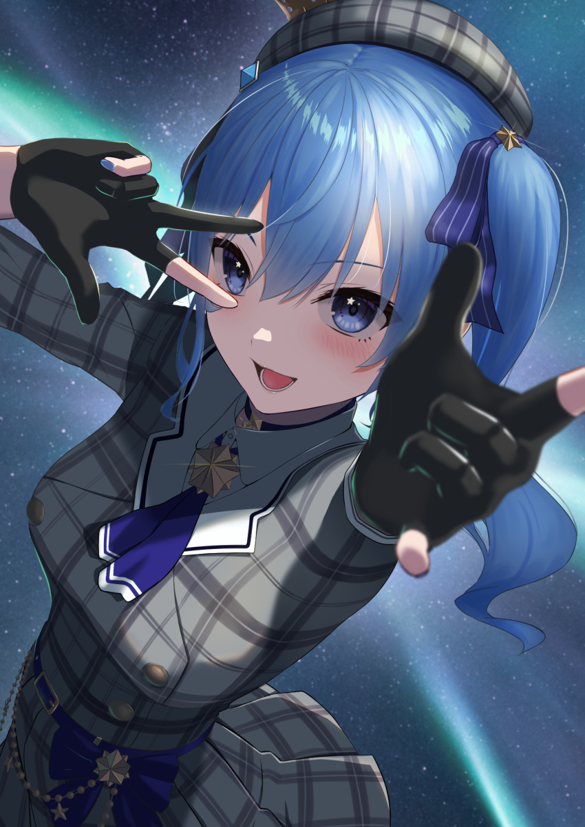 1girl :d arm_up ascot aurora beret black_gloves blue_ascot blue_bow blue_eyes blue_nails blue_ribbon blurry blush bow breasts collar commentary_request depth_of_field eyelashes eyes_visible_through_hair fingerless_gloves foreshortening from_above gloves grey_headwear grey_shirt grey_skirt hair_between_eyes hair_ornament hair_ribbon hat highres hololive hoshimachi_suisei long_hair looking_at_viewer lower_teeth_only medium_breasts nail_polish night open_mouth outdoors plaid plaid_shirt plaid_skirt pleated_skirt ribbon shirt skirt sky smile solo star_(sky) star_(symbol) star_hair_ornament star_ornament starry_sky symbol_in_eye tataki_worker teeth twintails upper_body upturned_eyes virtual_youtuber w w_over_eye wavy_hair white_collar