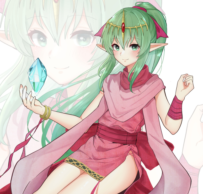 1girl bracelet commission cowboy_shot dragonstone dress fire_emblem fire_emblem:_mystery_of_the_emblem green_eyes green_hair hair_ornament highres jewelry long_hair looking_at_viewer open_mouth pink_dress pixiv_commission pointy_ears ponytail short_dress side_slit sleeveless sleeveless_dress smile solo tiara tiki_(fire_emblem) tiki_(young)_(fire_emblem) yuno_ff zoom_layer