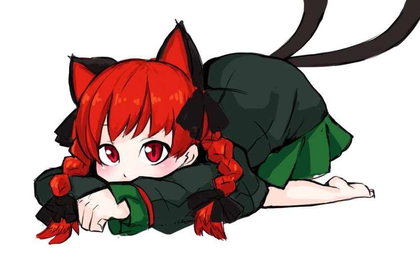 1girl animal_ears bare_legs barefoot black_ribbon blush braid cat_ears cat_tail commentary_request covered_mouth dress extra_ears eyebrows_hidden_by_hair green_dress hair_ribbon jakomurashi kaenbyou_rin looking_at_viewer multiple_tails nekomata partial_commentary red_eyes redhead ribbon simple_background solo tail top-down_bottom-up touhou tress_ribbon twin_braids two_tails white_background