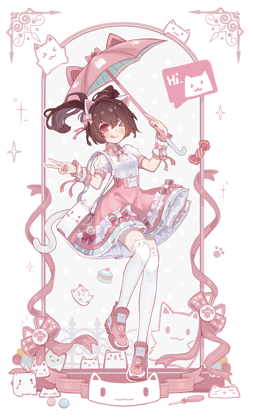 &gt;_o 1girl ;q animal_bag animal_ear_legwear animal_ears bag bcy blush border bow bow_skirt brown_hair candy cat_bag cat_ear_legwear cat_ears cat_ornament center_frills collared_shirt fake_animal_ears flower food frills full_body hair_bow hands_up highres holding holding_umbrella huhu lollipop medium_hair one_eye_closed original pink_border pink_bow pink_flower pink_skirt pink_umbrella ponytail puffy_short_sleeves puffy_sleeves red_eyes scrunchie shirt shoes short_sleeves shoulder_bag skirt sneakers solo sparkle standing standing_on_one_leg swirl_lollipop thigh-highs tongue tongue_out umbrella v white_background white_bag white_shirt white_thighhighs wrist_scrunchie xiaohuoguo_qiyuezhe