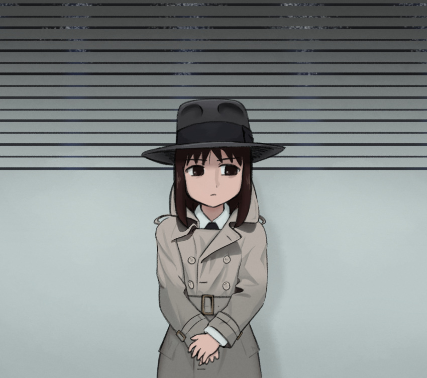 1girl averting_eyes azumanga_daioh belt belt_buckle black_headwear black_necktie brown_belt brown_coat brown_eyes brown_hair buckle buttons closed_mouth coat commentary cosplay cowboy_shot double-breasted english_commentary expressionless fedora french_commentary hat height_mark jef_costello_(le_samourai) jef_costello_(le_samourai)_(cosplay) kasuga_ayumu le_samourai light_frown medium_hair mixed-language_commentary monky_sm movie_reference necktie own_hands_together shirt solo standing trench_coat v_arms white_shirt