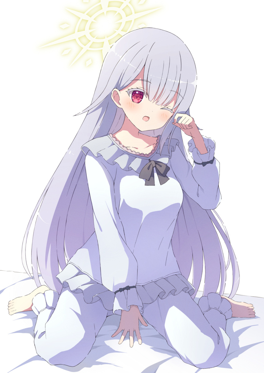 1girl :o arm_between_legs black_bow black_bowtie blush bow bowtie breasts collarbone commission dot_nose frilled_pajamas frills full_body grey_hair hair_between_eyes halo heart heart-shaped_pupils highres long_hair long_sleeves looking_at_viewer medium_breasts on_bed one_eye_closed open_mouth original pajamas pants raised_eyebrows red_eyes rubbing_eyes sidelocks simple_background sitting skeb_commission sleepy solo straight_hair symbol-shaped_pupils tyakomes white_background white_pajamas white_pants