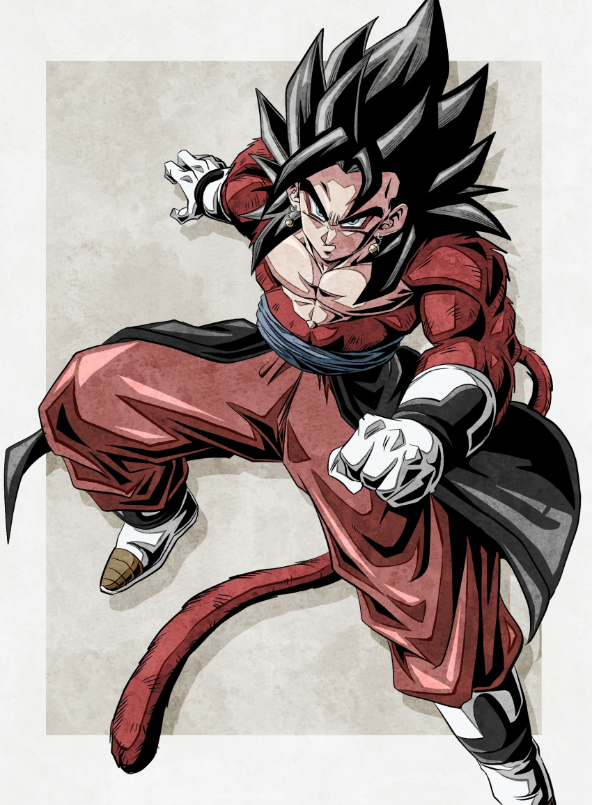 absurdres black_hair blue_eyes body_fur dragon_ball dragon_ball_heroes earrings gloves highres jewelry long_hair looking_at_viewer male_focus monkey_boy monkey_tail muscular muscular_male no_nipples pants pectorals potara_earrings red_fur saiyan spiky_hair super_saiyan super_saiyan_4 tail time_patrol_(dragon_ball) ushi_(akabec0) vegetto vegetto_(xeno)
