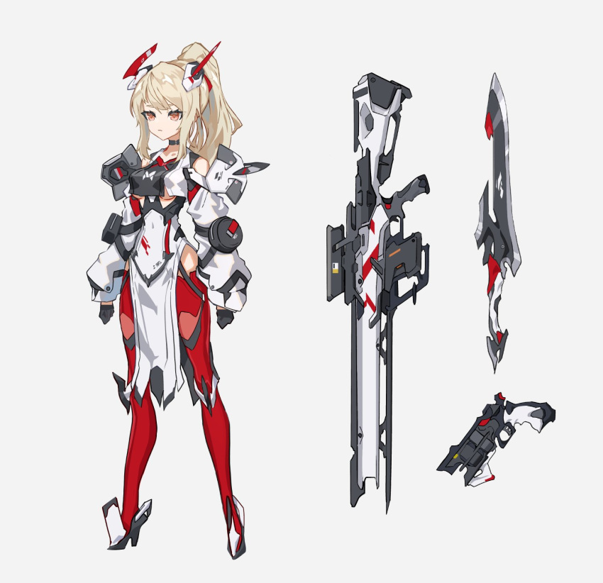 1girl arms_at_sides black_gloves blonde_hair breasts cancell expressionless full_body gloves grey_background gun half_gloves handgun high_heels highres long_hair mecha_musume medium_breasts orange_eyes original pelvic_curtain ponytail rifle science_fiction solo standing sword weapon