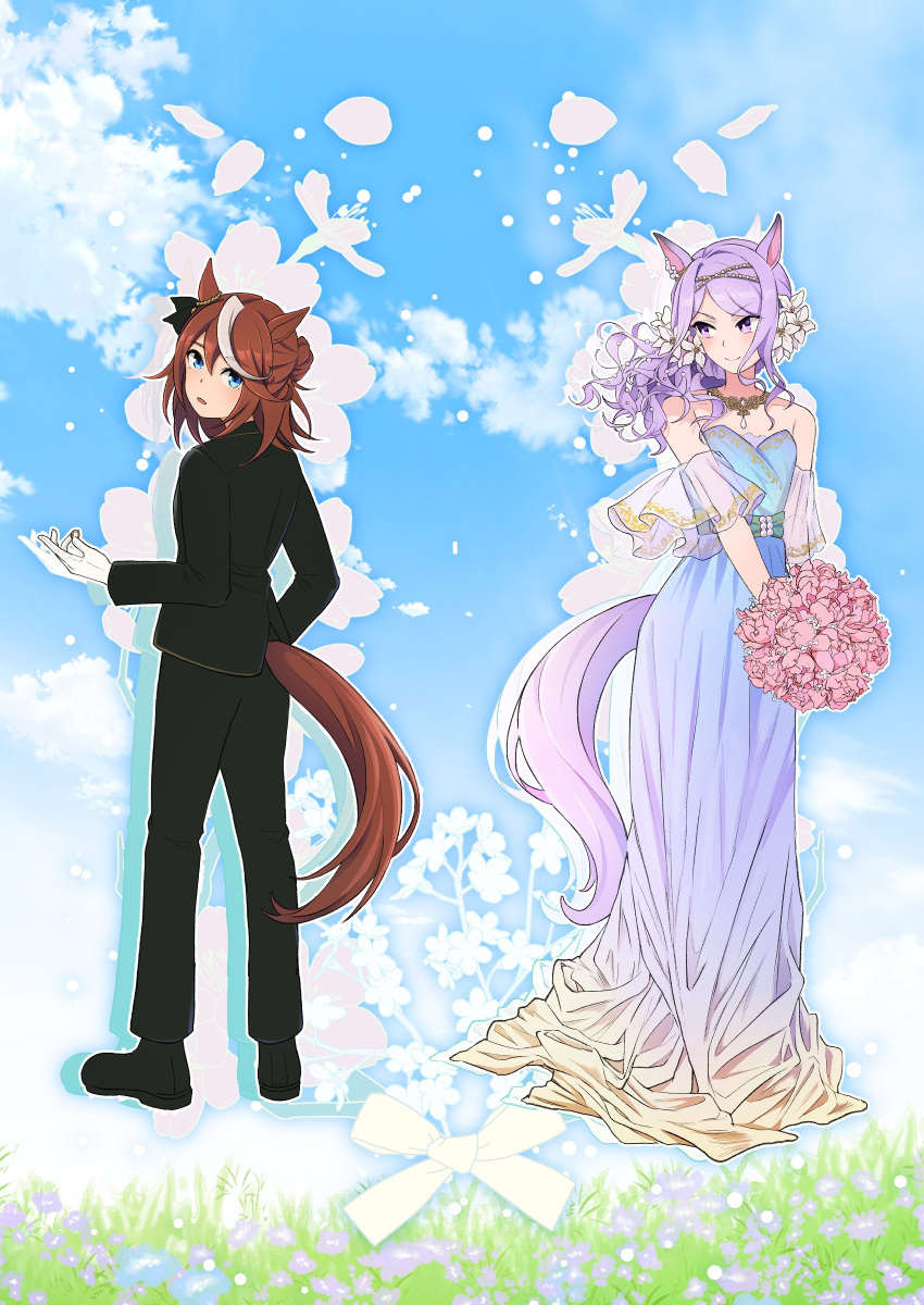 2girls absurdres animal_ears banseog bare_shoulders black_footwear black_hair black_jacket blue_eyes bouquet brown_hair closed_mouth dress drop_shadow flower gloves hair_bun highres horse_ears horse_girl horse_tail jacket jewelry long_dress long_hair long_sleeves looking_at_another looking_at_viewer looking_back mejiro_mcqueen_(heart_exposed_to_the_night_breeze)_(umamusume) mejiro_mcqueen_(umamusume) multicolored_hair multiple_girls necklace open_mouth purple_hair shoes short_hair smile strapless strapless_dress streaked_hair tail tokai_teio_(umamusume) tokai_teio_(waltz_of_hiwing)_(umamusume) umamusume v-shaped_eyebrows violet_eyes white_gloves