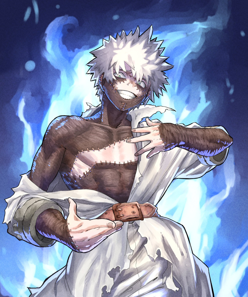 abstract_background bakugou_katsuki belt boku_no_hero_academia earrings ekrea_jan highres jewelry spiky_hair stitched_face stitched_hand stitched_torso stitches torn_clothes white_hair