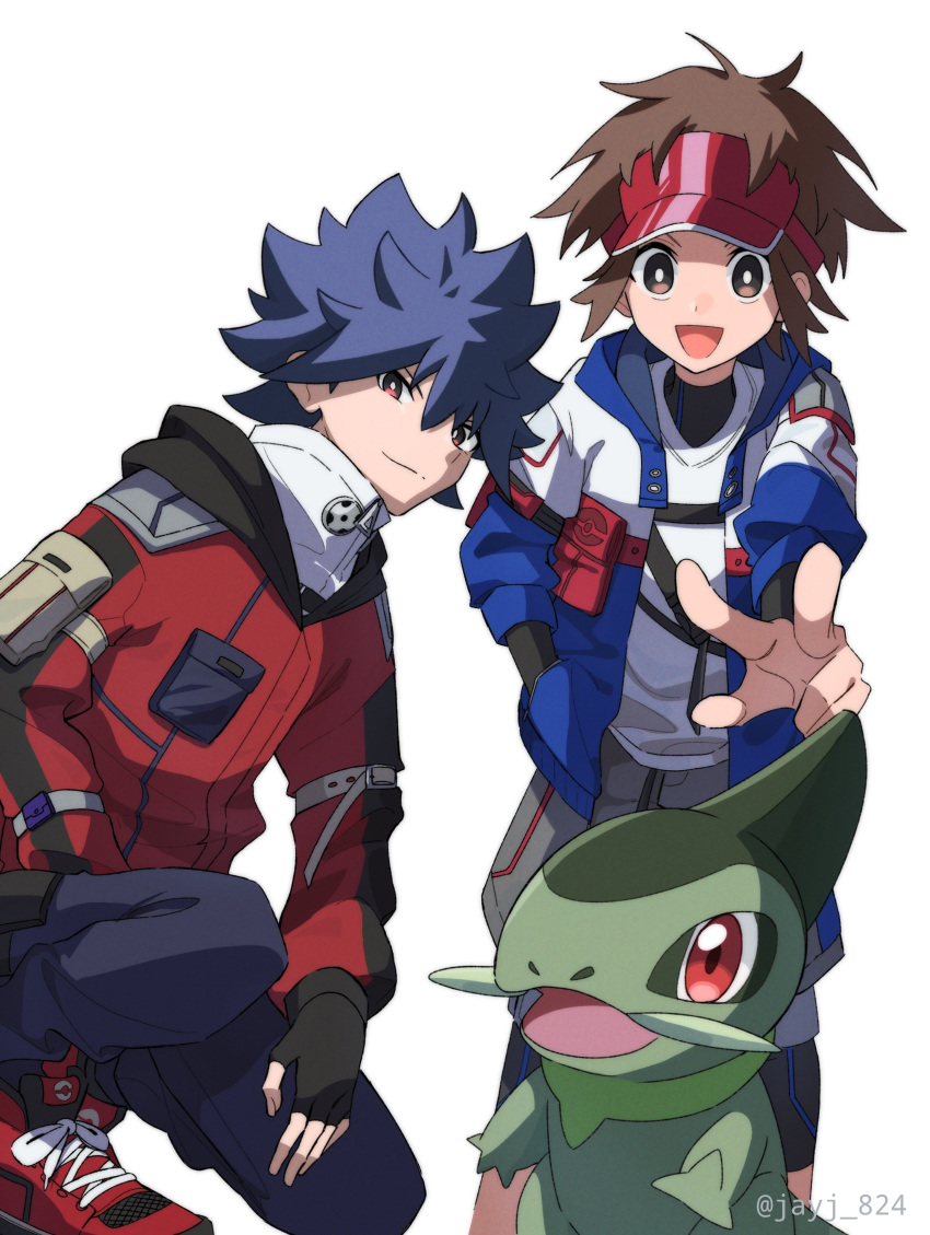 2boys :d absurdres alternate_costume axew black_hair bright_pupils brown_eyes brown_hair closed_mouth highres hugh_(pokemon) jacket jayj_824 looking_at_viewer male_focus multiple_boys nate_(pokemon) open_mouth pants pokemon pokemon_(creature) pokemon_(game) pokemon_bw2 red_footwear red_headwear shoes short_hair simple_background smile sneakers spiky_hair split_mouth visor_cap w white_background white_pupils zipper_pull_tab