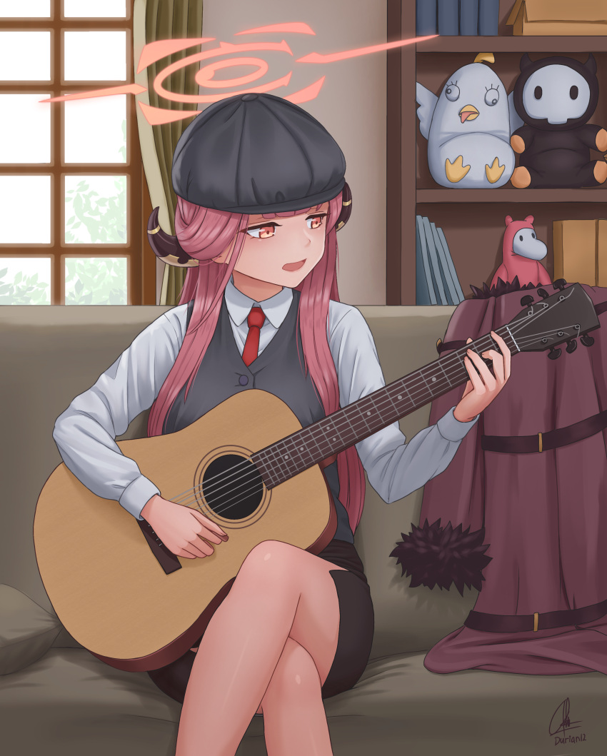 1girl :d absurdres acoustic_guitar aru_(blue_archive) black_skirt black_vest blue_archive blunt_bangs coat coat_removed collared_shirt commentary couch crossed_legs demon_girl demon_horns durian12 english_commentary facing_away fur-trimmed_coat fur_trim guitar halo hat high-waist_skirt highres holding holding_instrument horns indoors instrument long_bangs long_hair long_sleeves music on_couch orange_eyes pencil_skirt peroro_(blue_archive) playing_instrument redhead school_uniform shirt sidelocks sitting skirt skullman_(blue_archive) smile solo vest window