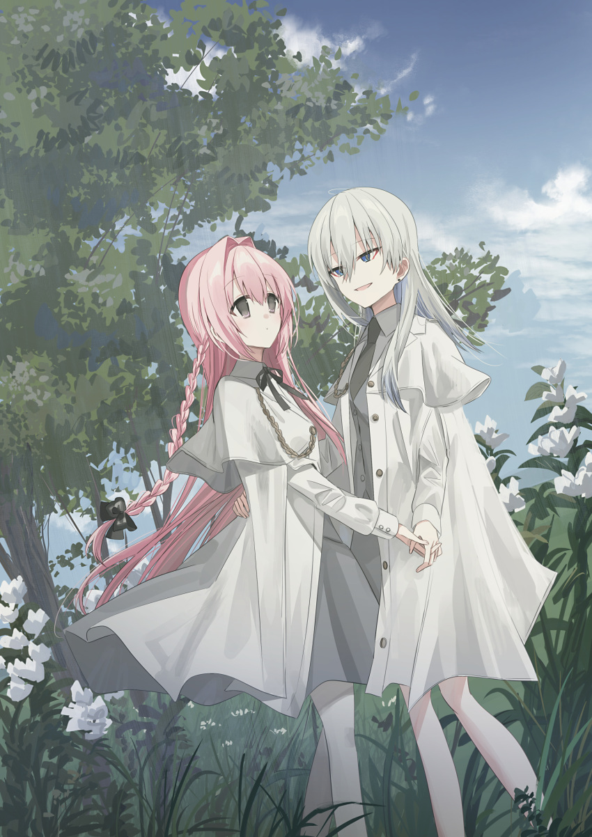 2girls black_bow black_necktie black_ribbon blue_eyes blue_sky bow braid chihuri clouds collared_shirt commentary_request day ende_(chihuri) eye_contact feet_out_of_frame flower grey_hair grey_skirt grey_vest hair_between_eyes hair_bow hair_intakes highres jacket long_hair looking_at_another multiple_girls nea_(chihuri) neck_ribbon necktie open_clothes open_jacket original outdoors pantyhose pink_hair ribbon shirt skirt sky smile standing tree very_long_hair vest violet_eyes white_flower white_jacket white_pantyhose white_shirt yuri