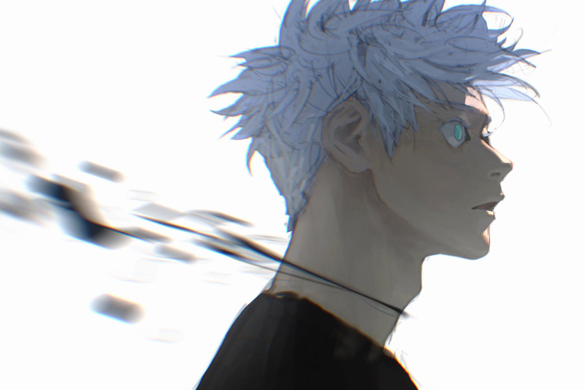 1boy black_shirt blue_eyes facing_to_the_side gojou_satoru highres jujutsu_kaisen looking_to_the_side male_focus open_mouth portrait qxq_illus scar scar_on_neck shirt short_hair simple_background solo splatter spoilers white_background white_hair