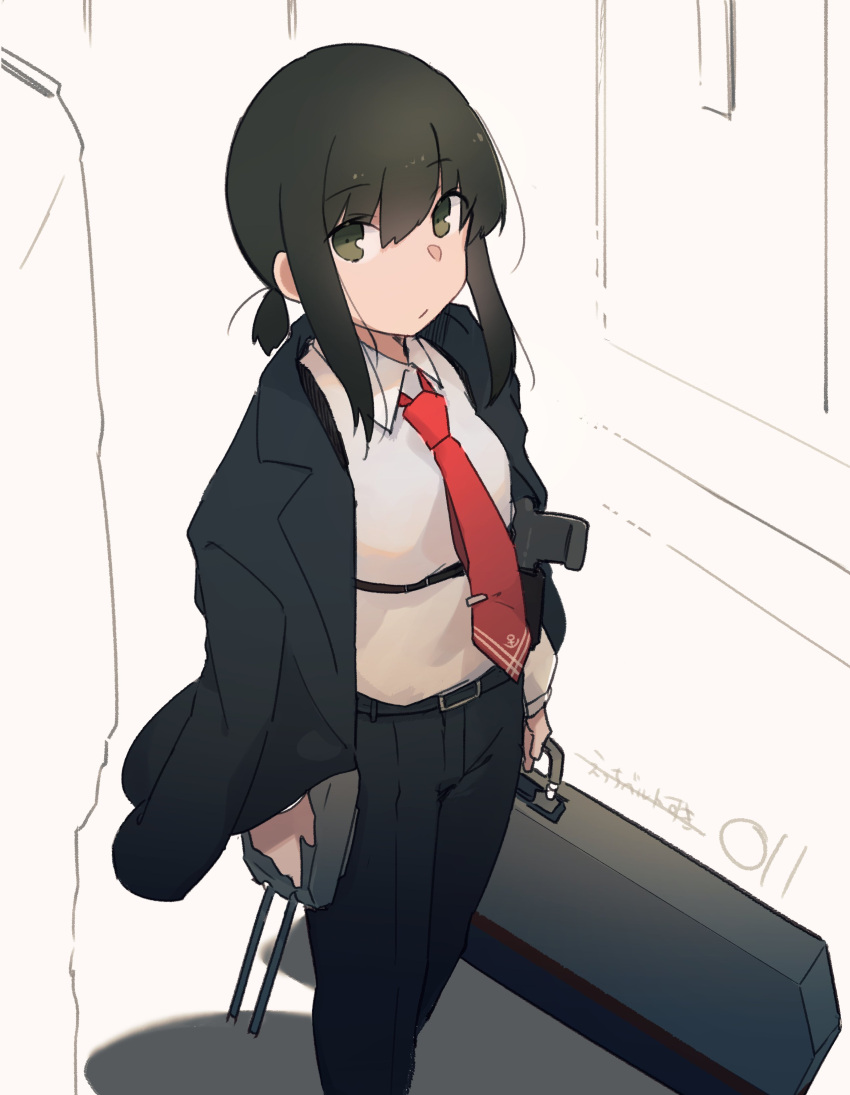1girl absurdres alternate_costume anchor_symbol belt black_belt black_hair black_pants closed_mouth collared_shirt formal fubuki_(kancolle) green_eyes highres holding kantai_collection long_sleeves looking_at_viewer ma_rukan necktie open_clothes pants red_necktie shirt short_hair short_ponytail sidelocks signature solo suit white_shirt