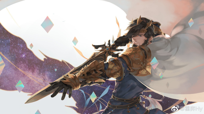 1boy artist_request beard cape crown diamond_(shape) facial_hair fighting_stance final_fantasy final_fantasy_xiv golden_sword hands_up highres holding holding_sword holding_weapon hy_the_highlander knight looking_at_viewer male_focus mature_male mustache mustache_stubble second-party_source short_hair sky solo star_(sky) starry_background starry_sky sword thick_eyebrows upper_body vambraces warrior_of_light_(ff14) weapon white_cape