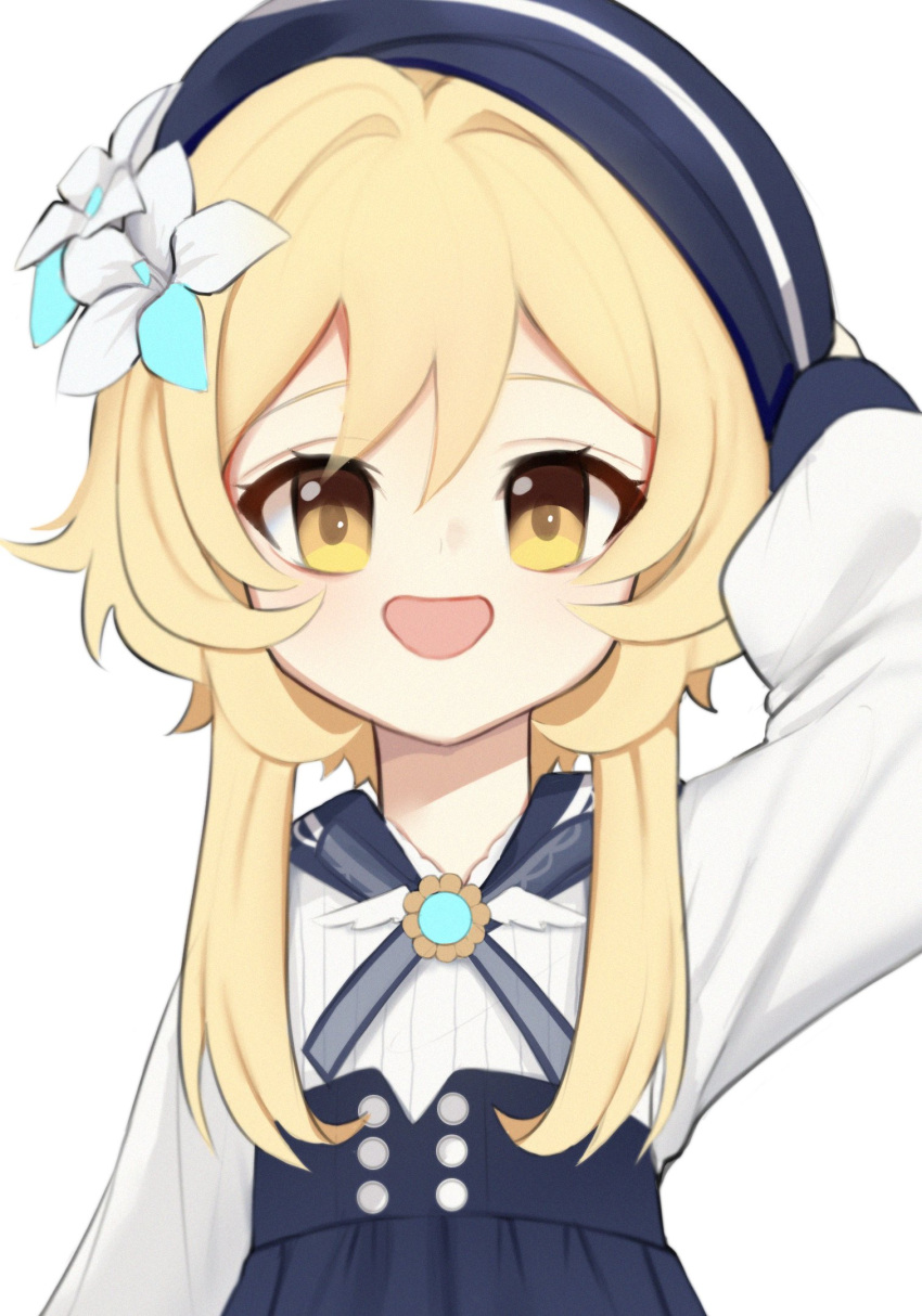 1girl aged_down alternate_costume arm_up beret blonde_hair blue_gemstone blue_headwear blue_skirt blush bow bowtie buttons collared_shirt english_commentary flower gem genshin_impact grey_bow grey_bowtie hair_between_eyes hair_flower hair_ornament hand_on_headwear hat highres long_sleeves looking_at_viewer lumine_(genshin_impact) netapai1 open_mouth puffy_long_sleeves puffy_sleeves shirt short_hair short_hair_with_long_locks sidelocks simple_background skirt smile solo upper_body white_background white_flower white_shirt yellow_eyes