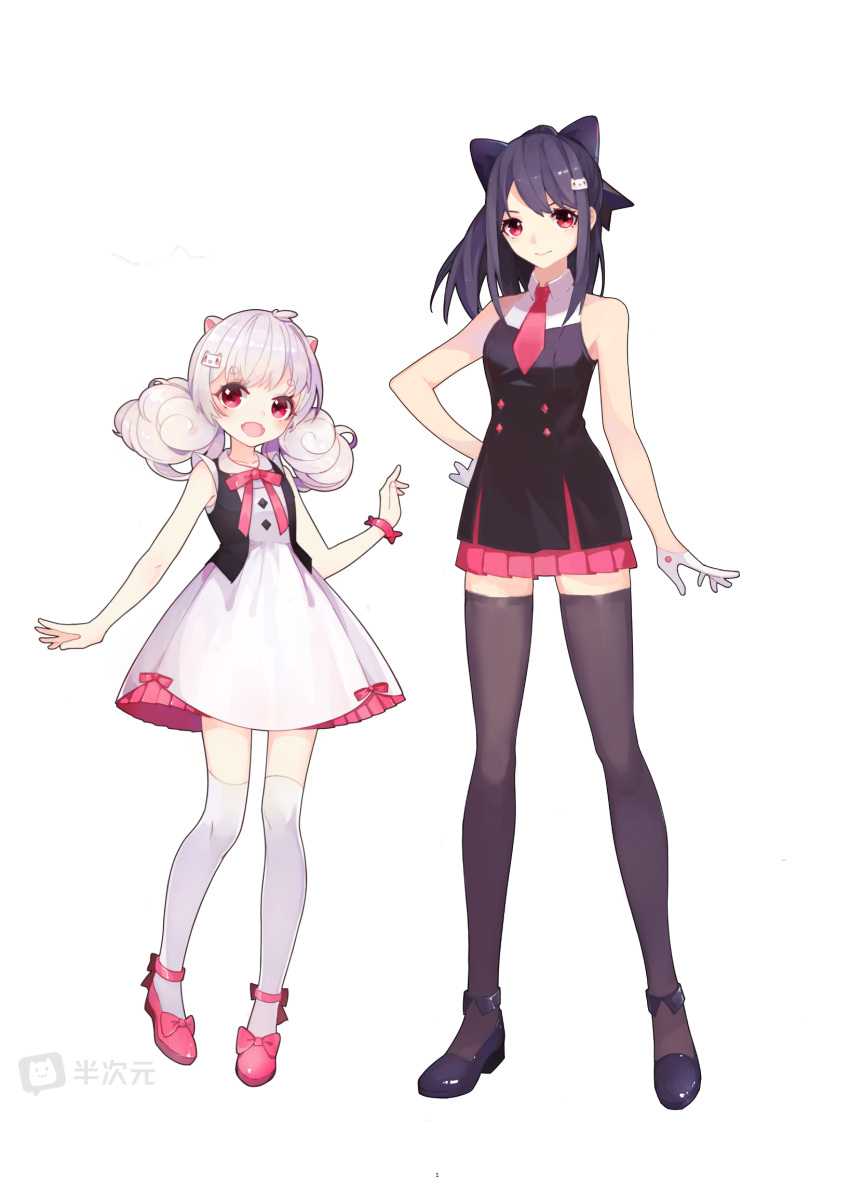 2girls :d animal_ears ankle_bow anklet bare_arms bare_shoulders bcy black_bow black_footwear black_hair black_shirt black_thighhighs black_vest bow bracelet cat_ears cat_hair_ornament closed_mouth collared_dress collared_shirt copyright_name dress dress_bow full_body gloves hair_bow hair_ornament hand_on_own_hip hand_up highres jewelry knees_together_feet_apart layered_dress legs_apart logo looking_at_viewer low_twintails medium_hair miao_jiujiu miniskirt multiple_girls neck_ribbon necktie official_art open_clothes open_vest pigeon-toed pink_bow pink_footwear pink_necktie pink_ribbon pink_skirt pleated_skirt ponytail red_eyes ribbon ruan_miemie shirt skirt sleeveless sleeveless_dress sleeveless_shirt smile standing tachi-e thigh-highs transparent_background twintails vest white_dress white_gloves white_hair white_thighhighs zettai_ryouiki