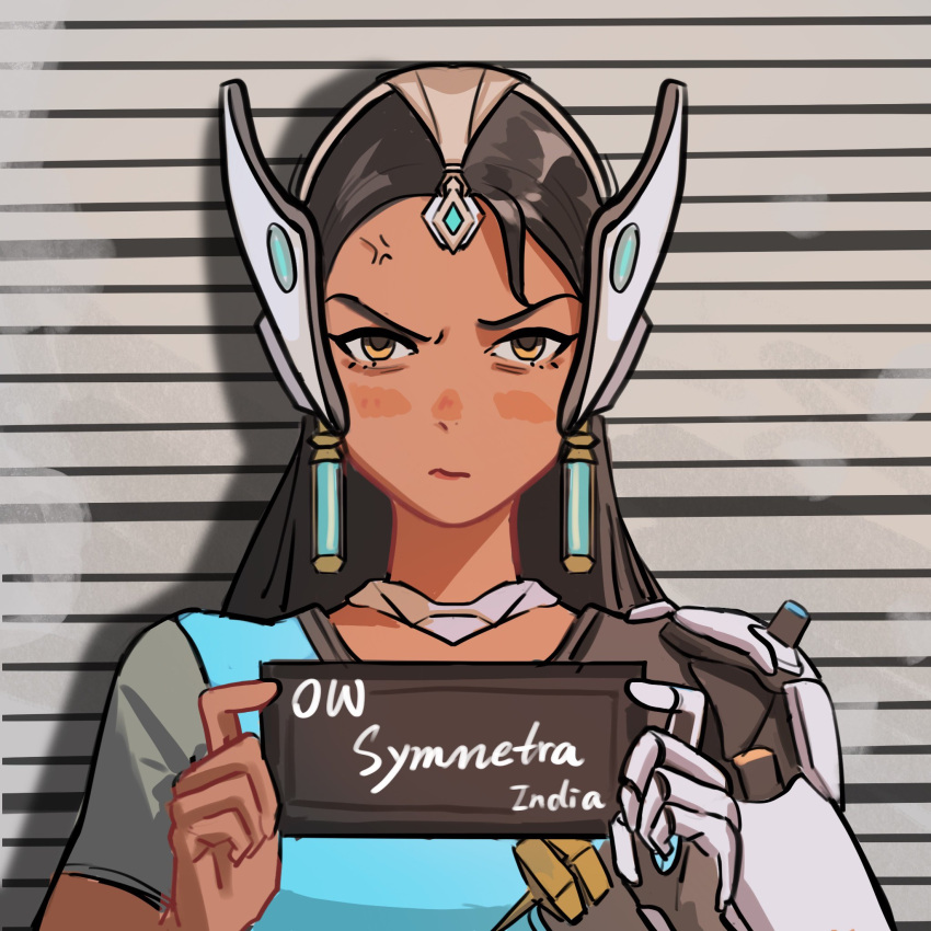 anger_vein angry annoyed barbie_(franchise) barbie_(live_action) barbie_mugshot_(meme) black_hair character_name dark-skinned_female dark_skin earrings english_commentary forehead_jewel headgear highres jewelry long_hair looking_at_viewer mechanical_arms meme overwatch overwatch_1 single_mechanical_arm solo symmetra_(overwatch) westwheatwheat