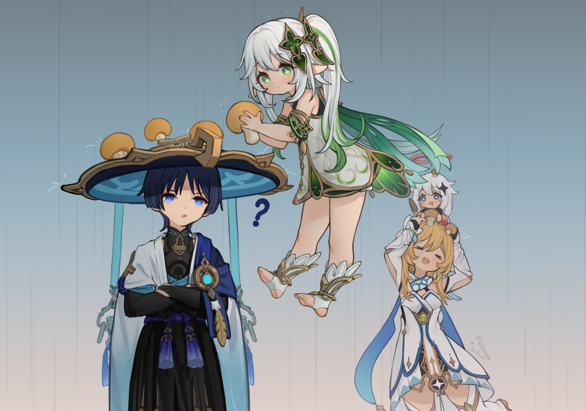 &gt;_&lt; 1boy 3girls :o ? arms_up artist_name blonde_hair blue_eyes blue_hair blush_stickers cape closed_eyes commentary_request cross-shaped_pupils crossed_arms dated dress floating_hair genshin_impact green_eyes green_hair hat highres holding holding_mushroom koebushi_(mat) long_hair looking_at_viewer lumine_(genshin_impact) multicolored_hair multiple_girls mushroom mushroom_on_head nahida_(genshin_impact) paimon_(genshin_impact) pointy_ears rain scaramouche_(genshin_impact) sleeveless sleeveless_dress standing stirrup_legwear streaked_hair symbol-shaped_pupils thigh-highs toeless_legwear white_dress white_hair white_thighhighs