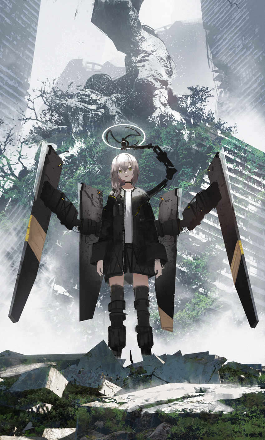 1girl absurdres asteroid_ill black_choker black_jacket black_shorts black_thighhighs boots brown_hair building choker cityscape day floating full_body green_eyes hair_between_eyes halo highres jacket long_jacket long_sleeves looking_at_viewer mechanical_halo medium_hair moss nature open_clothes open_jacket original outdoors overgrown post-apocalypse ruins sclera_(asteroid_ill) shirt shorts sidelocks solo standing straight-on thigh-highs tree white_shirt