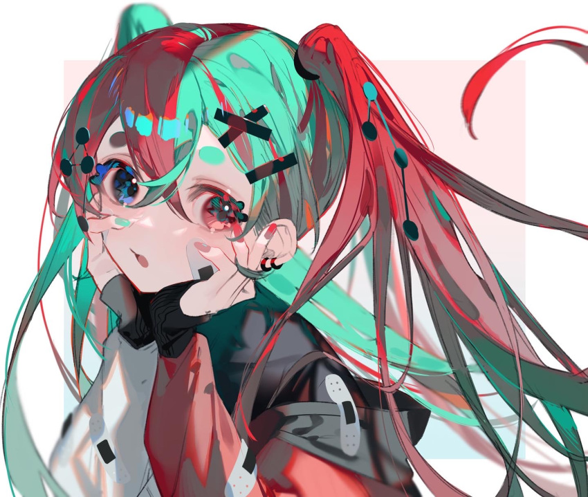 1girl bad_id bad_pixiv_id bandaid bandaid_on_cheek bandaid_on_clothes bandaid_on_face black_sweater blue_background blue_eyes border commentary crossed_bangs ear_piercing fingernails gradient_background green_hair green_nails hair_between_eyes hair_ornament hands_on_own_cheeks hands_on_own_face heterochromia highres hikimayu jacket long_hair long_sleeves looking_at_viewer mizumi_zumi multicolored_clothes multicolored_hair multicolored_jacket open_mouth original outside_border piercing red_background red_eyes red_jacket red_nails redhead sleeves_past_wrists solo sweater symbol-only_commentary twintails two-tone_hair two-tone_jacket upper_body white_border white_jacket x_hair_ornament
