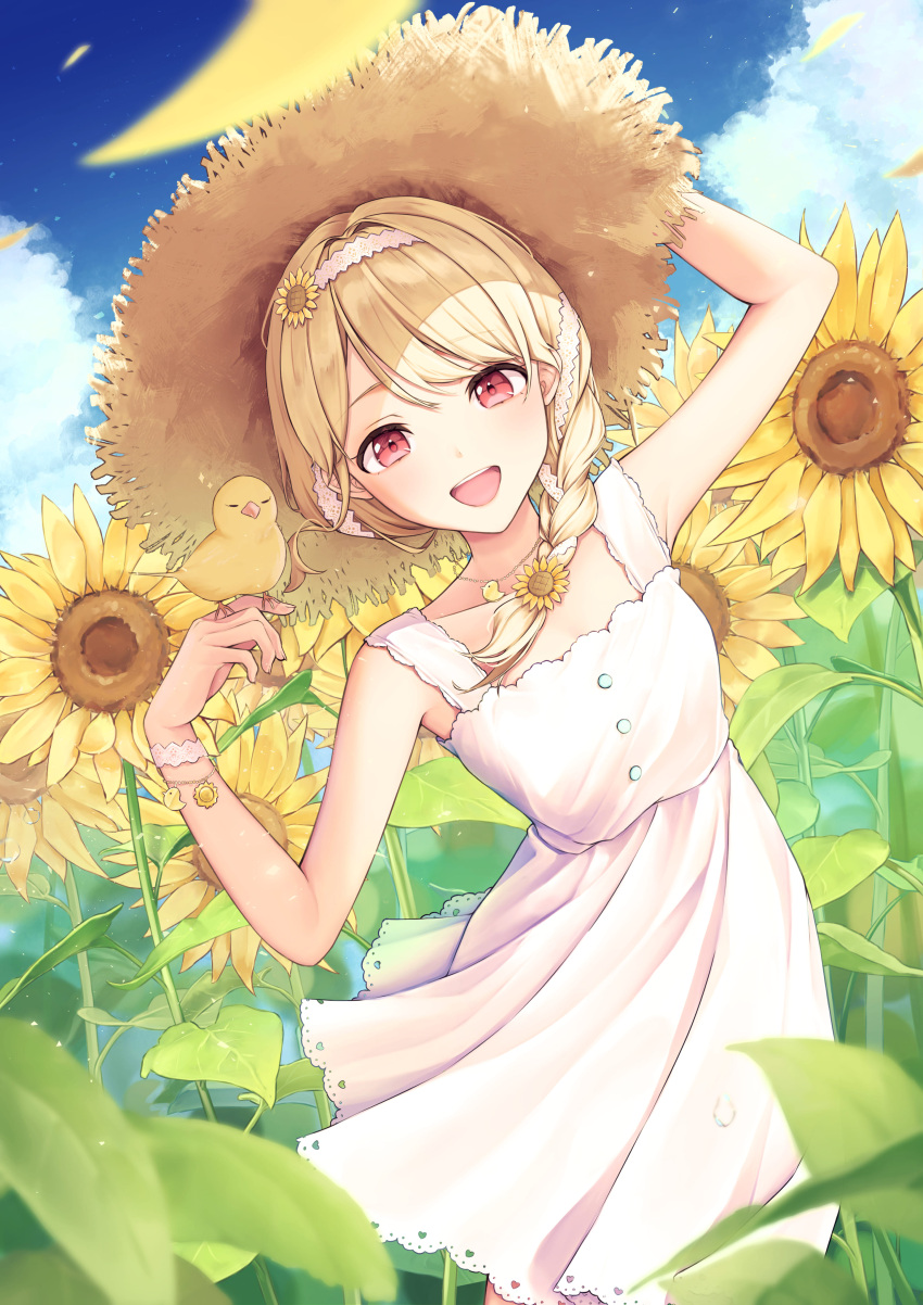 1girl absurdres animal_print armpits aruto_araragi bird bird_on_hand bird_print blonde_hair blue_sky bracelet braid brown_headwear clouds dress dutch_angle falling_petals field floral_print flower flower_field hair_flower hair_ornament hairband hand_on_headwear hat highres jewelry kogara_toto lace_hairband looking_at_viewer necklace petals red_eyes side_braid sidelocks sky smile solo standing straw_hat sundress sunflower sunflower_hair_ornament sunflower_print teeth upper_teeth_only virtual_youtuber vspo! white_dress