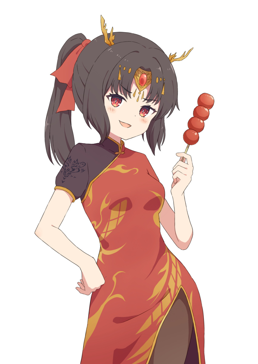1girl :d black_pantyhose blush breasts brown_hair china_dress chinese_clothes commission cowboy_shot dango diadem dot_nose dress food furrowed_brow hand_on_own_hip highres holding holding_food long_bangs long_hair looking_at_viewer open_mouth original pantyhose parted_bangs short_ponytail short_sleeves side_slit sidelocks simple_background skeb_commission small_breasts smile solo thighs tyakomes wagashi white_background