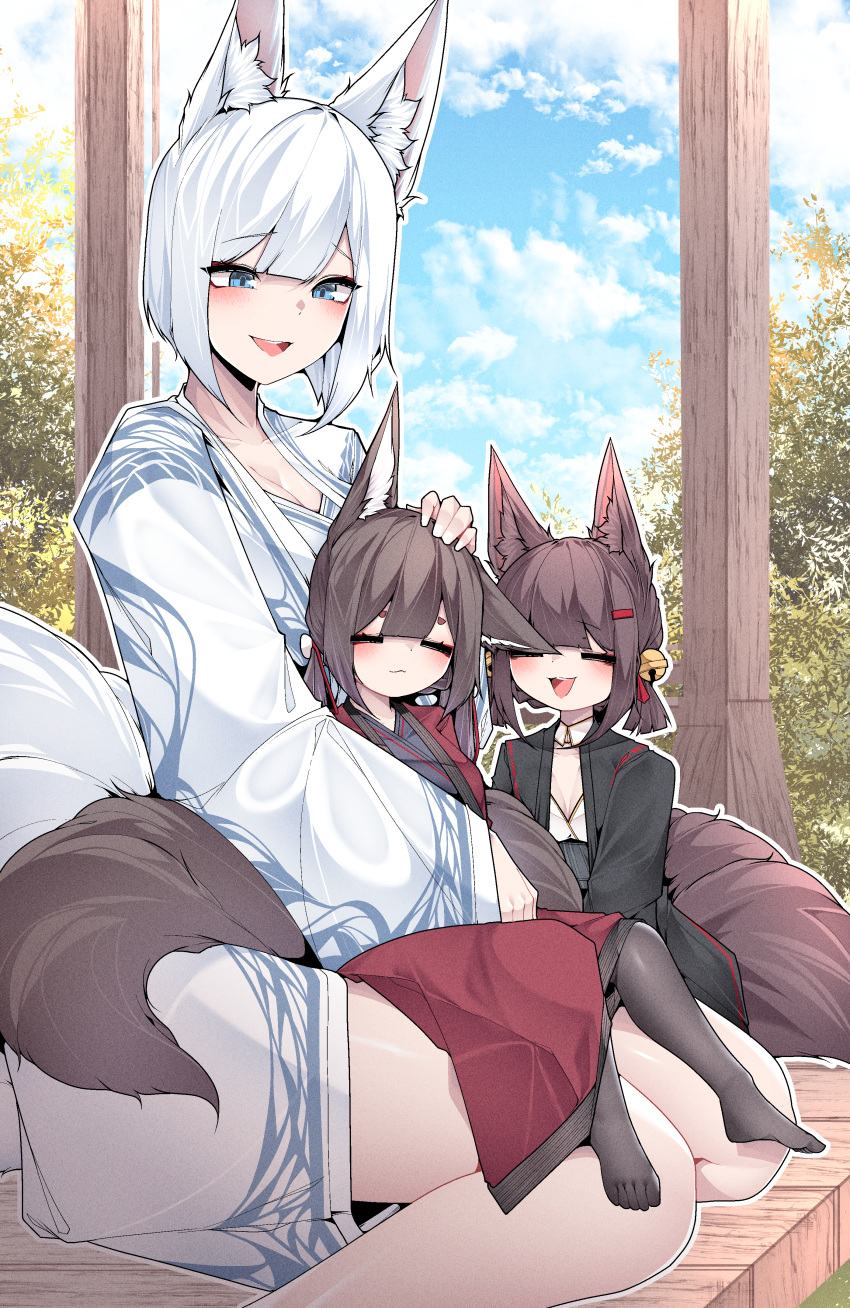 3girls :d =_= absurdres akagi-chan_(azur_lane) amagi-chan_(azur_lane) animal_ears azur_lane bare_legs bell black_kimono blue_eyes blush brown_hair closed_eyes day eyeshadow facing_viewer fox_ears fox_girl fox_tail full_body hair_bell hair_ornament hairclip hand_on_another's_head hand_up happy headpat highres hug hug_from_behind japanese_clothes kaga_(azur_lane) kimono kitsune long_sleeves looking_at_another looking_down makeup medium_hair multiple_girls multiple_tails outdoors red_eyeshadow red_kimono samip short_hair sitting sitting_on_person sitting_on_thigh slit_pupils smile tail teeth thigh-highs thighs upper_teeth_only white_hair white_kimono wide_sleeves