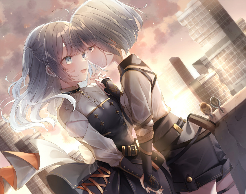 2girls absurdres bird city eye_contact face-to-face highres holding_hands incest long_hair looking_at_another multiple_girls ronguteru_(towa_tsugai) short_hair siblings sisters staring suzume_(towa_tsugai) touki_matsuri towa_tsugai white_hair yuri