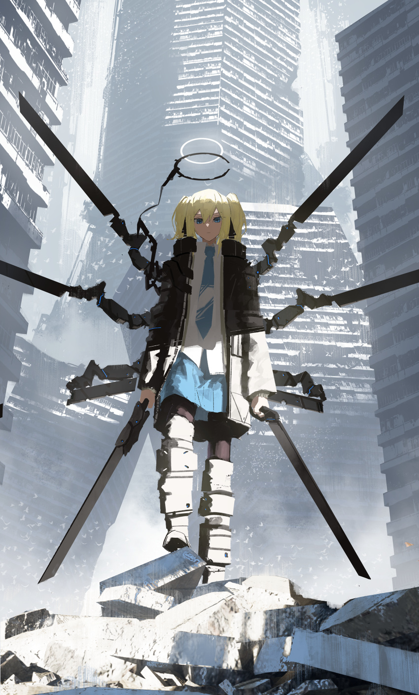 1girl absurdres asteroid_ill black_footwear black_jacket black_pantyhose blonde_hair blue_eyes blue_necktie blue_skirt boots building cityscape closed_mouth collared_jacket collared_shirt cornea_(asteroid_ill) day debris dual_wielding floating foot_up full_body hair_between_eyes halo highres holding holding_sword holding_weapon jacket long_sleeves looking_at_viewer mechanical_halo necktie open_clothes open_jacket original outdoors pantyhose pleated_skirt ruins shirt short_twintails sidelocks skirt solo straight-on sword thigh_boots twintails weapon white_shirt