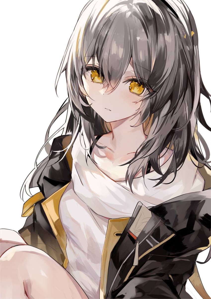 1girl absurdres black_jacket blush closed_mouth collarbone commentary expressionless grey_hair hair_between_eyes highres honkai:_star_rail honkai_(series) jacket long_hair long_sleeves open_clothes open_jacket shirt simple_background sitting solo sonna_banana stelle_(honkai:_star_rail) symbol-only_commentary trailblazer_(honkai:_star_rail) white_background white_shirt yellow_eyes
