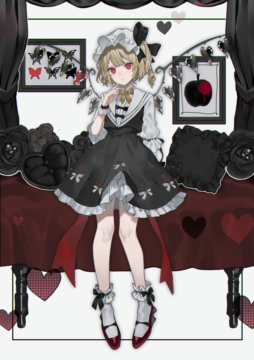 1girl absurdres alternate_color apple black_dress black_ribbon blonde_hair bug butterfly closed_mouth commentary crystal curtains daimaou_ruaeru dress expressionless flandre_scarlet food frilled_skirt frills fruit full_body hand_up hat hat_ribbon heart highres looking_at_viewer mob_cap picture_(object) pillow red_eyes red_footwear ribbon shirt side_ponytail skirt sleeves_past_elbows socks solo touhou white_headwear white_shirt white_socks wings wrist_cuffs yellow_ribbon