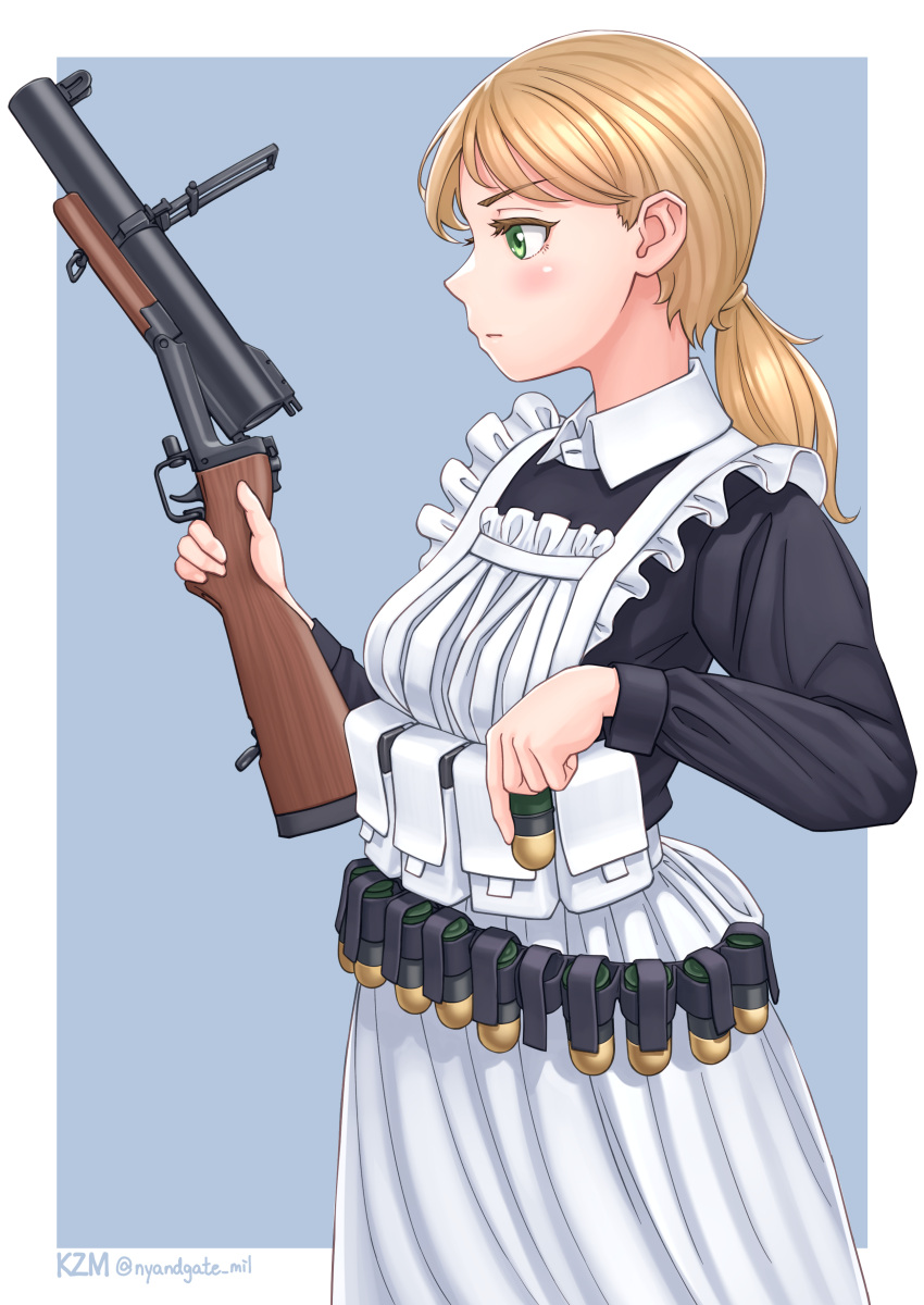 1girl 40mm_grenade absurdres ammunition ammunition_pouch apron artist_name bandolier black_shirt blonde_hair blush border break_action chest_rig closed_mouth collared_shirt commentary_request feet_out_of_frame flip-up_sight frilled_apron frills from_side green_eyes grenade_launcher gun hair_behind_ear hair_tie highres holding holding_gun holding_weapon kzm_(sub-moa_works) light_blue_background long_sleeves looking_at_object looking_to_the_side m79 maid maid_apron medium_hair original outside_border partial_commentary ponytail pouch profile reloading shirt simple_background skirt solo twitter_username two-tone_dress weapon white_apron white_border white_shirt white_skirt