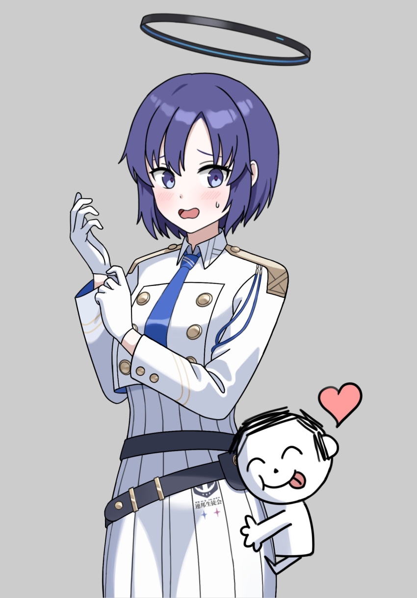 1girl adjusting_clothes adjusting_gloves alternate_hairstyle aoi_(blue_archive) aoi_(blue_archive)_(cosplay) arona's_sensei_doodle_(blue_archive) blue_archive blue_necktie blush bruce8763 collared_jacket cosplay cropped_jacket gloves halo highres necktie open_mouth parted_bangs purple_hair ribbed_skirt sensei_(blue_archive) short_hair sidelocks simple_background solo sweatdrop violet_eyes white_gloves white_uniform yuuka_(blue_archive)