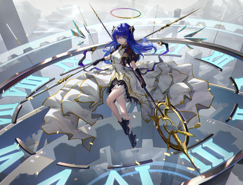 1girl absurdres ankle_boots arknights black_footwear blue_eyes blue_hair boots breasts clock_face commentary_request demon_horns dress energy_wings fallen_angel frown halo highres holding holding_staff horns laomotou large_breasts layered_dress long_hair looking_at_viewer mixed-language_commentary mostima_(arknights) mostima_(spellbreaker)_(arknights) official_alternate_costume outdoors rainbow_halo sky solo staff white_dress white_sky wings