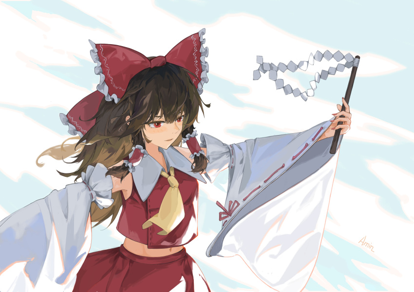 1girl absurdres amin_(hdwe2747) arms_up ascot bow breasts brown_hair detached_sleeves expressionless frills hair_between_eyes hair_bow hair_tubes hakurei_reimu highres holding holding_stick long_hair long_sleeves midriff nail_polish navel nose outstretched_arms parted_lips red_eyes red_nails red_skirt red_vest sidelocks simple_background skirt skirt_set small_breasts solo stick touhou upper_body very_long_hair vest white_background wide_sleeves wing_collar yellow_ascot