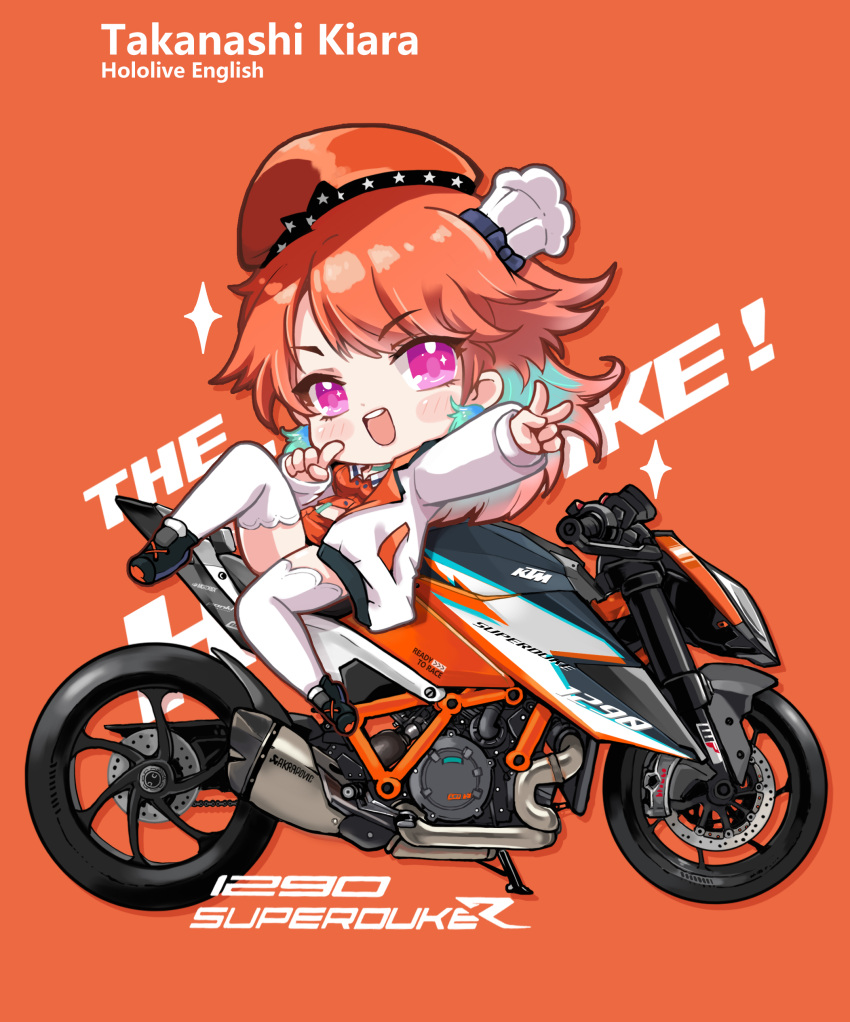 1girl absurdres blush character_name chef_hat chibi copyright_name earrings english_text feather_earrings feathers finger_to_mouth gradient_hair hat highres hololive hololive_english jacket jewelry ktm_1290_superduke ktm_ag long_hair looking_at_viewer motor_vehicle motorcycle multicolored_hair multiple_hats on_motorcycle open_mouth orange_background orange_hair pink_eyes reclining sitting sitting_backwards sparkle takanashi_kiara takanashi_kiara_(1st_costume) thigh-highs v virtual_youtuber white_jacket white_thighhighs yoyoko707
