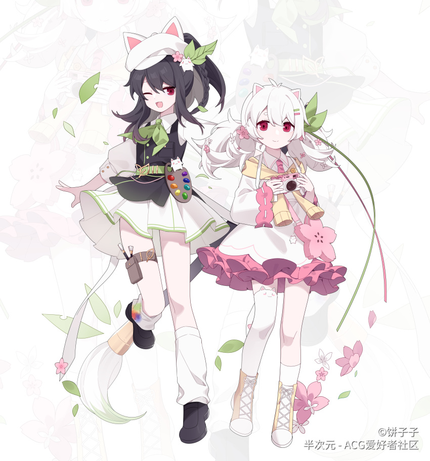 2girls ;d absurdres animal_ear_legwear animal_ears animal_hat ankle_boots art_brush asymmetrical_legwear bag bag_charm bcy belt bing_zizi black_dress black_footwear black_hair boots bow braid braided_ponytail camera cat_ear_legwear cat_ears cat_hair_ornament cat_hat charm_(object) cherry_blossoms closed_mouth collared_dress collared_shirt cross-laced_footwear dress flower frilled_dress frills full_body giant_brush green_belt green_bow green_neckerchief hair_bow hair_flower hair_ornament hairclip hat highres holding holding_brush holding_camera lace-up_boots layered_dress leaf leaf_hair_ornament leg_up loafers long_hair long_sleeves looking_at_viewer loose_socks low_twintails miao_jiujiu multiple_girls neckerchief necktie one_eye_closed outstretched_arms overalls paintbrush palette_(object) petals pinafore_dress pink_bag pink_flower pink_necktie pleated_dress ponytail puffy_sleeves red_eyes ruan_miemie shirt shoes short_dress shoulder_bag single_sock single_thighhigh sleeveless sleeveless_dress sleeves_past_elbows smile socks standing standing_on_one_leg thigh-highs thigh_pouch thigh_strap tied_sweater twintails uneven_legwear white_background white_dress white_flower white_hair white_headwear white_shirt white_socks white_thighhighs wide_sleeves yellow_footwear zoom_layer