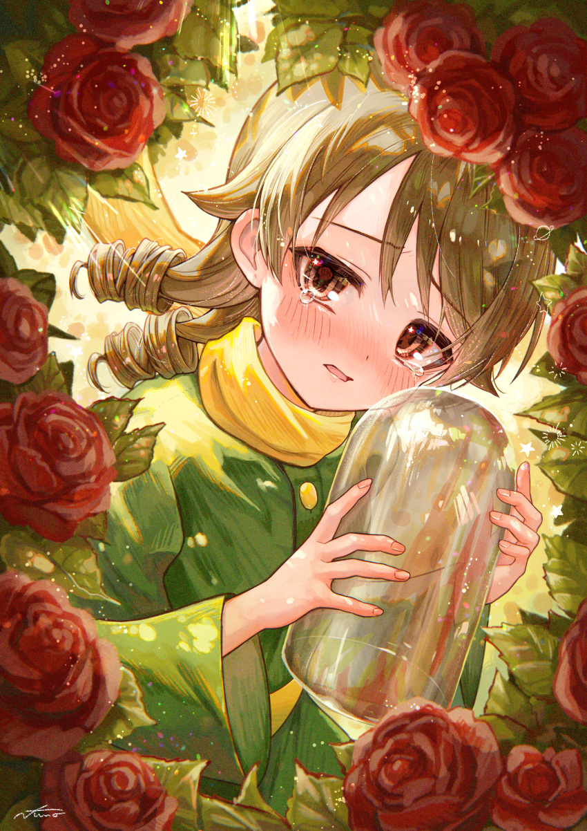 1girl absurdres blush brown_hair commentary_request drill_hair flower green_shirt highres idolmaster idolmaster_cinderella_girls le_petit_prince looking_at_viewer morikubo_nono parody partial_commentary red_flower red_rose rose scarf shirt signature solo tears yellow_scarf yukinuno