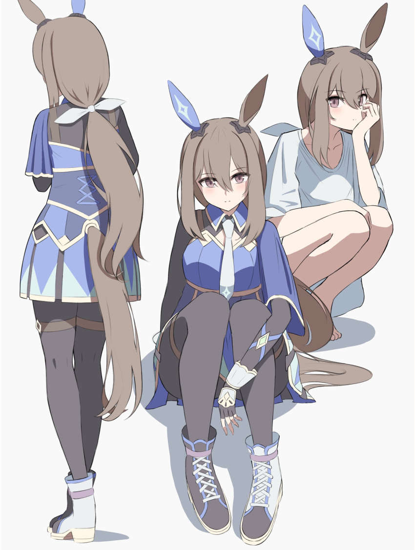 1girl admire_vega_(umamusume) animal_ears asymmetrical_footwear barefoot black_footwear black_gloves black_pantyhose blue_capelet boots brown_hair capelet cross-laced_footwear ear_covers fingerless_gloves from_behind gloves hair_between_eyes highres horse_ears horse_girl horse_tail lace-up_boots long_hair long_sleeves looking_at_viewer low_ponytail mismatched_footwear multiple_views necktie nsb36046_(na) pantyhose shirt simple_background single_ear_cover sitting solo squatting t-shirt tail umamusume violet_eyes white_background white_footwear white_necktie white_shirt