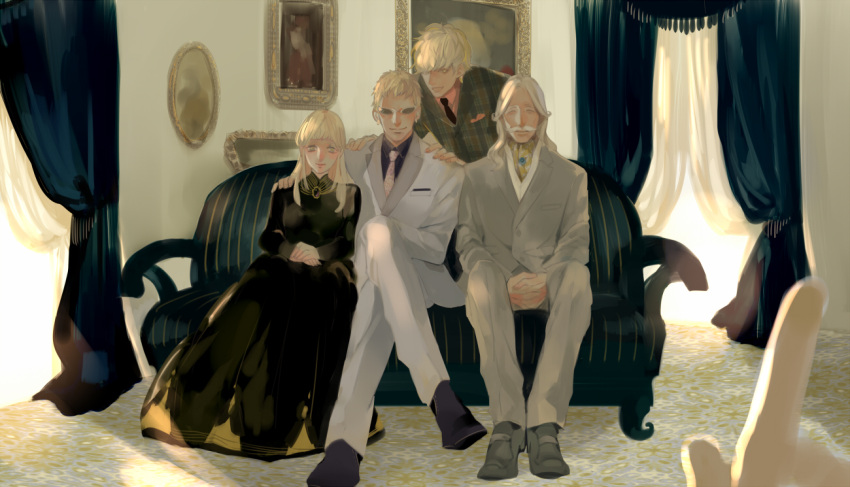 1girl 3boys black_dress blonde_hair brothers couch crossed_legs curtains donquixote_doflamingo donquixote_homing donquixote_rocinante dress facial_hair family family_portrait father_and_son formal hair_over_one_eye hand_on_another's_shoulder hands_on_another's_shoulders index_finger_raised indoors long_hair looking_at_another looking_at_viewer mother_and_son multiple_boys mustache necktie on_couch one_piece own_hands_together painting_(object) pink_necktie pov pov_hands roco64 short_hair siblings sitting smile suit sunglasses third-party_source white_suit