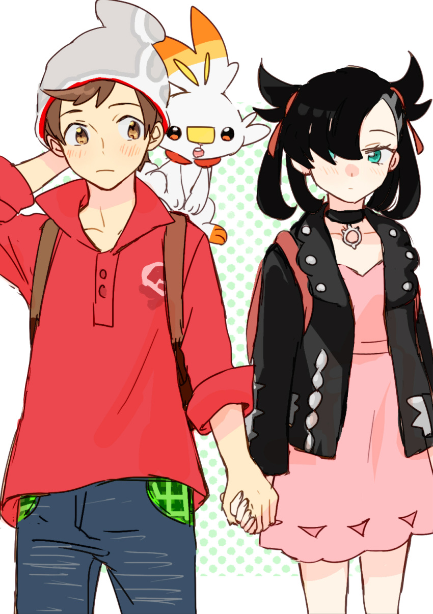 1boy 1girl arm_behind_head asymmetrical_bangs backpack bag beanie black_choker black_hair black_jacket blue_pants blush brown_bag brown_eyes brown_hair buttons choker closed_mouth commentary_request creature creature_on_shoulder dress green_eyes grey_headwear hair_over_one_eye hair_ribbon hat highres hinata_(ryohinata) holding_hands jacket long_sleeves looking_at_another looking_to_the_side marnie_(pokemon) on_shoulder open_clothes open_jacket pants pink_dress pokemon pokemon_(creature) pokemon_(game) pokemon_swsh red_bag red_ribbon red_shirt ribbon scorbunny shirt short_hair twintails victor_(pokemon)