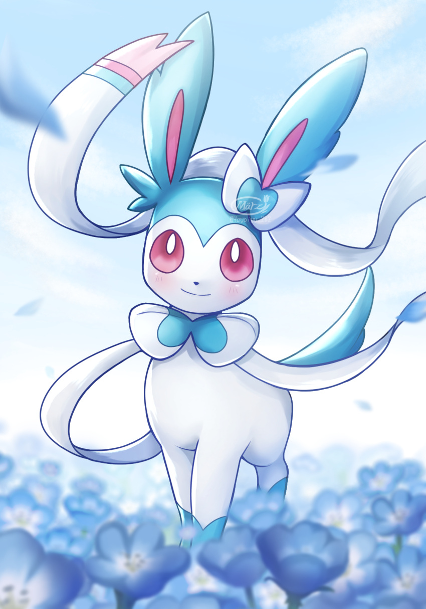 alternate_color artist_name blue_flower blush flower highres looking_at_viewer no_humans pokemon pokemon_(creature) shiny_pokemon solo sylveon watermark y_yayoi
