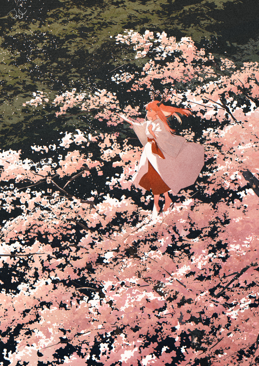 1girl antlers barefoot cherry_blossoms commentary_request day floating_hair full_body hakama highres japanese_clothes kimono long_hair midair nature orange_hair original outdoors outstretched_arm potg_(piotegu) reaching red_hakama red_skirt scenery skirt solo tree white_kimono wide_sleeves