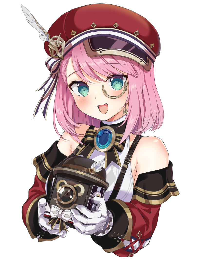 1girl :d absurdres aqua_eyes bare_shoulders black_bow black_bowtie blush bow bowtie brooch cabbie_hat camera charlotte_(genshin_impact) commentary_request deerwater detached_sleeves eyelashes eyewear_strap genshin_impact gloves gold_trim hands_up hat hat_feather hat_ribbon highres holding holding_camera jewelry long_sleeves looking_at_viewer medium_hair monocle open_mouth parted_bangs pink_hair puffy_detached_sleeves puffy_sleeves red_headwear red_sleeves ribbon shirt simple_background sleeve_cuffs sleeveless sleeveless_shirt smile solo suspenders swept_bangs upper_body white_background white_bow white_gloves white_shirt