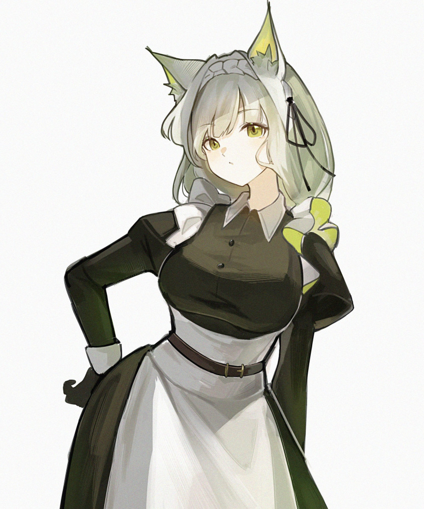 1girl absurdres animal_ears apron arknights belt black_dress black_ribbon cat_ears closed_mouth collared_dress commentary cowboy_shot dalimao dress hand_on_own_hip highres juliet_sleeves kal'tsit_(arknights) long_sleeves looking_at_viewer maid maid_headdress medium_hair official_alternate_costume puffy_sleeves ribbon simple_background solo white_apron white_background