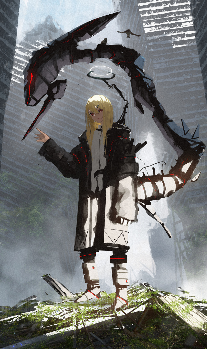 1girl absurdres asteroid_ill bird black_coat blonde_hair blunt_bangs building coat cyborg day hair_between_eyes hair_ornament hairclip halo hand_up highres iris_(asteroid_ill) leaf long_hair looking_at_viewer mechanical_arms mechanical_legs mechanical_tail original outdoors parted_lips red_eyes ruins science_fiction shirt single_mechanical_arm solo sunlight tail white_shirt