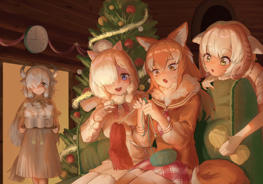 4girls :o alpaca_ears alpaca_suri_(kemono_friends) animal_ears behind_another black_horns blonde_hair bodystocking brown_eyes brown_hair chicha_(chi_cha_rigbo) christmas_tree clock closed_mouth couch cup curly_hair dress empty_eyes fur-trimmed_sleeves fur_collar fur_scarf fur_trim grey_horns hair_between_eyes hair_bun hair_over_one_eye hand_rest highres holding holding_tray horizontal_pupils horns indoors japanese_wolf_(kemono_friends) kemono_friends kemono_friends_3 knitting knitting_needle long_bangs long_hair long_sleeves medium_dress medium_hair miniskirt multicolored_hair multicolored_horns multiple_girls needle on_couch open_mouth ox_ears ox_girl ox_horns ox_tail parted_bangs pointing sailor_collar scarf sheep_(kemono_friends) sheep_ears shirt short_sleeves shorts side-by-side single_hair_bun sitting skirt smile steam sweater_vest tail thigh-highs tray very_long_hair violet_eyes walking wall_clock white_hair wolf_ears wolf_girl wolf_tail yak_(kemono_friends) yarn yarn_ball yellow_eyes zettai_ryouiki